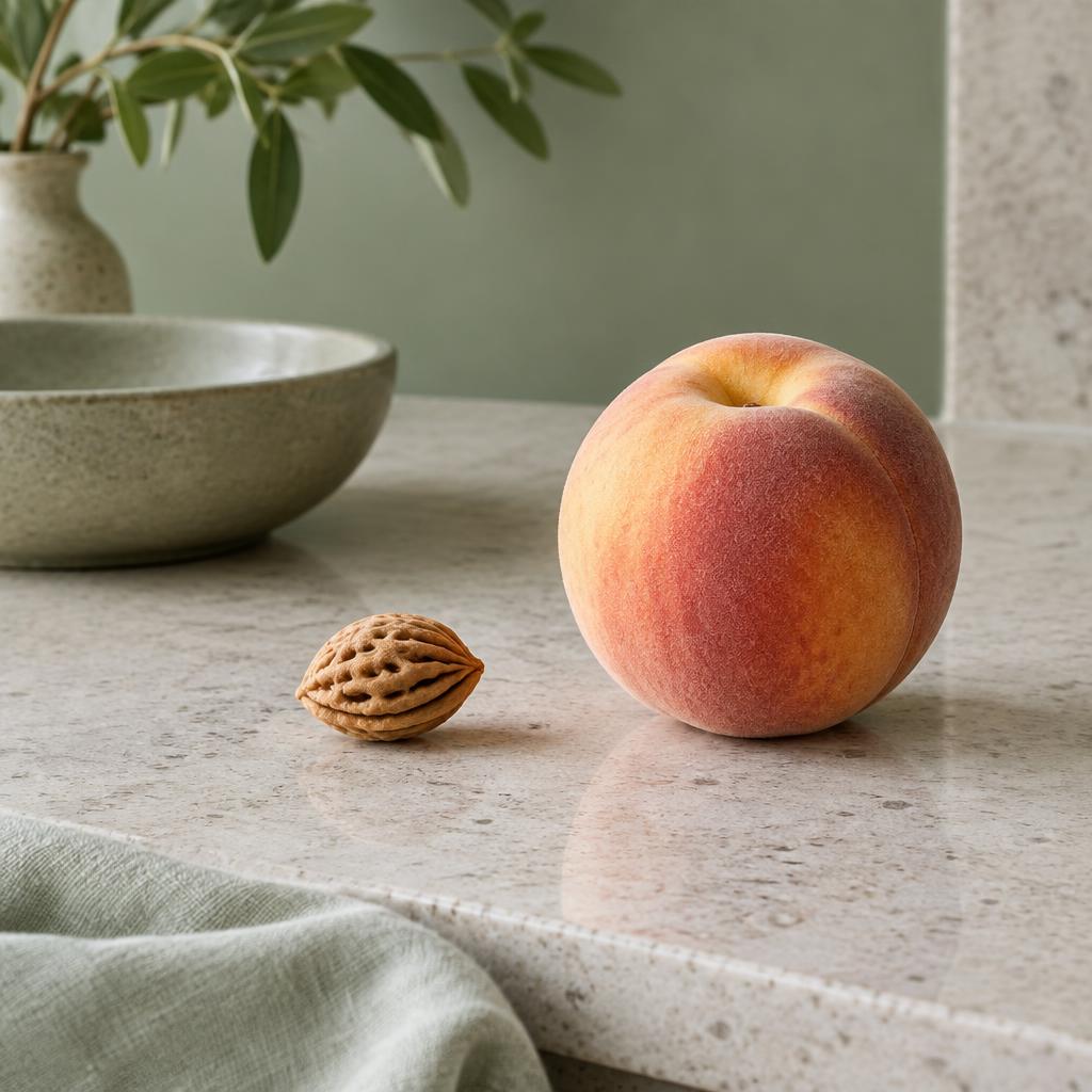 A peach stone beside a whole peach on a stone worktop