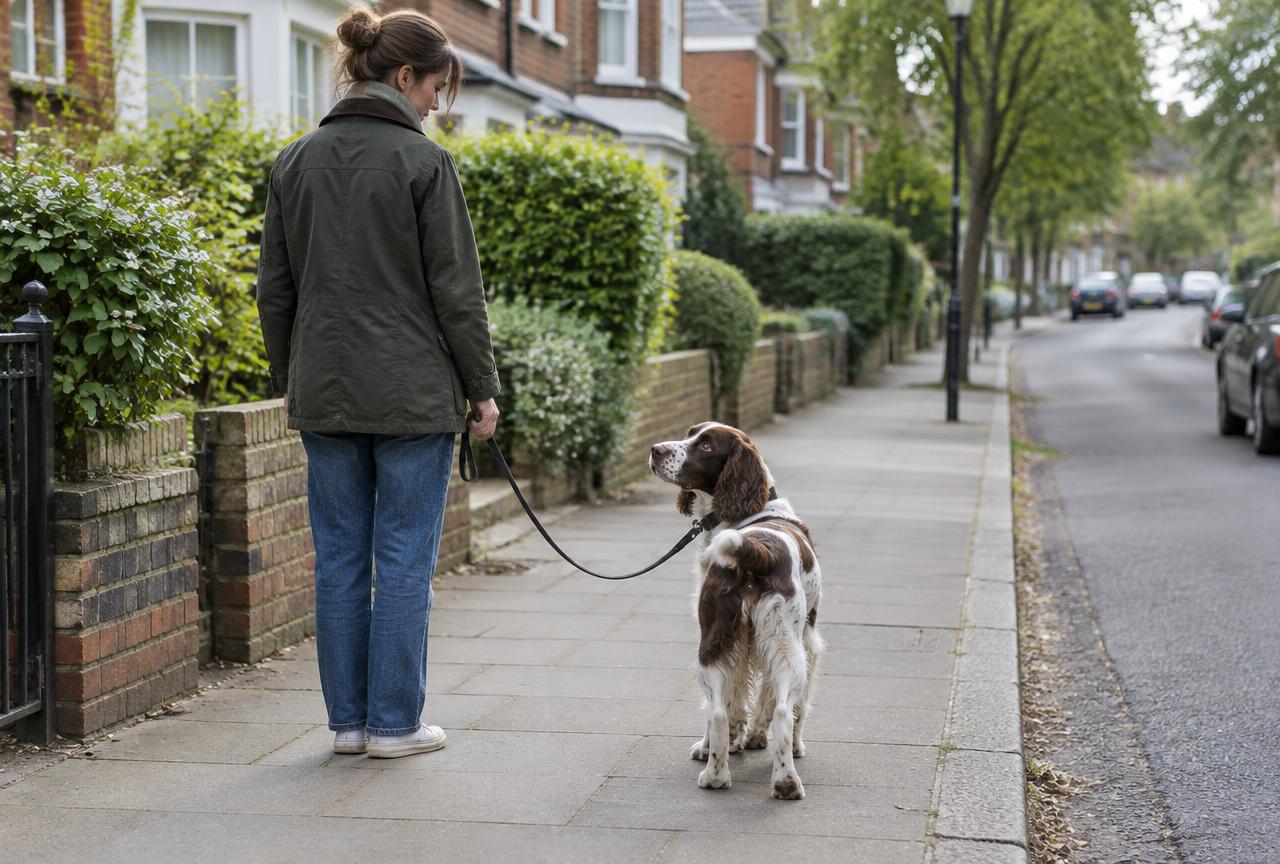 A woman standing still on a pavement while a springer spaniel on a lead turns to look back at her