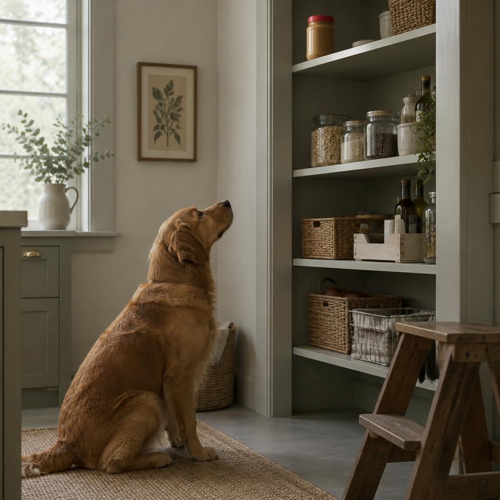 A jar of peanut butter on a high shelf with a dog watching from the floor