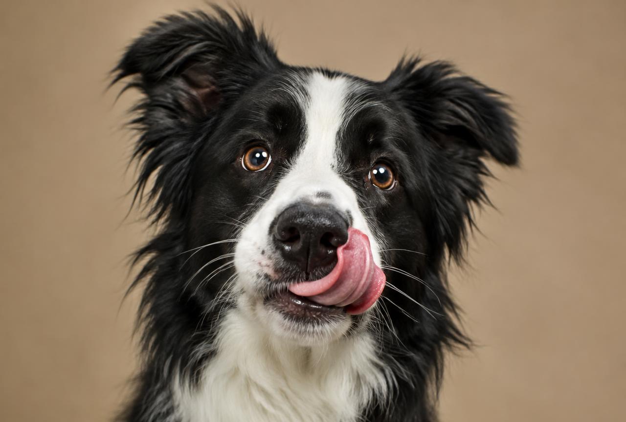 A border collie licking its lips and nose in a close-up portrait against a neutral background