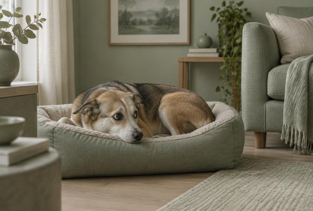 A dog lying on a dog bed with ears back, looking slightly anxious