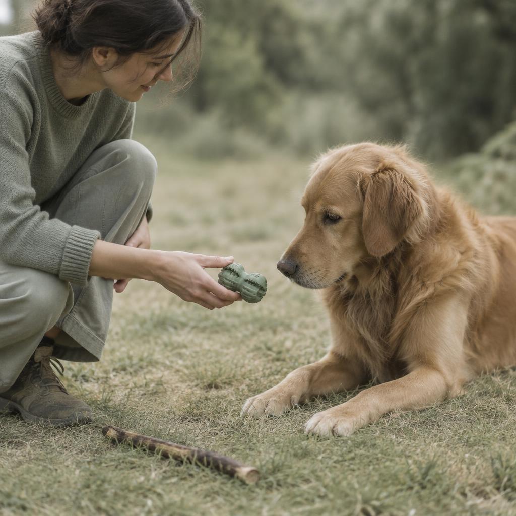 A person offering a rubber chew toy to a dog with a stick discarded nearby