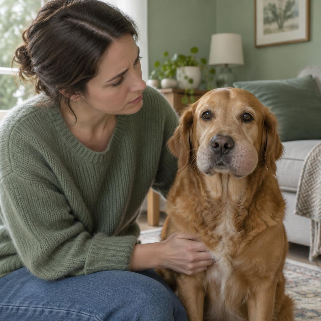 A dog with a slightly swollen muzzle sitting beside its owner