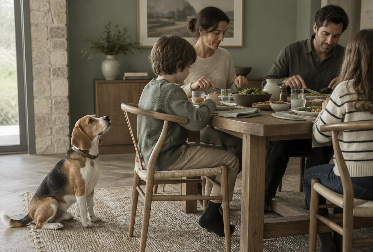 A well-mannered dog ignoring a family dinner