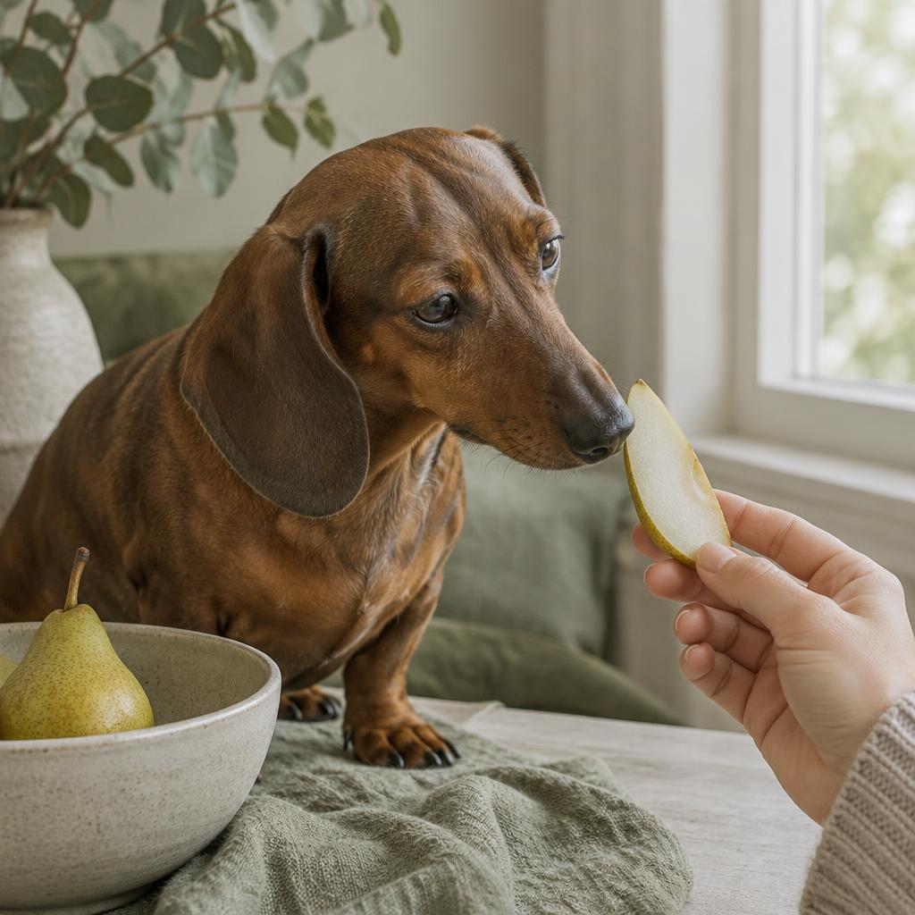 A dachshund sniffing a slice of pear held in a person’s hand