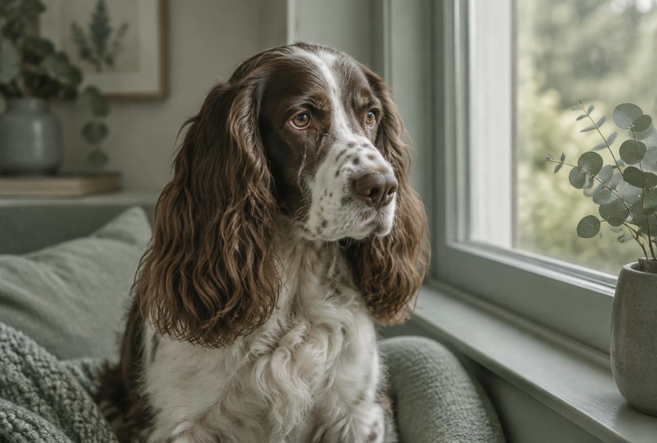 A spaniel with tear staining beneath its eyes sitting by a window