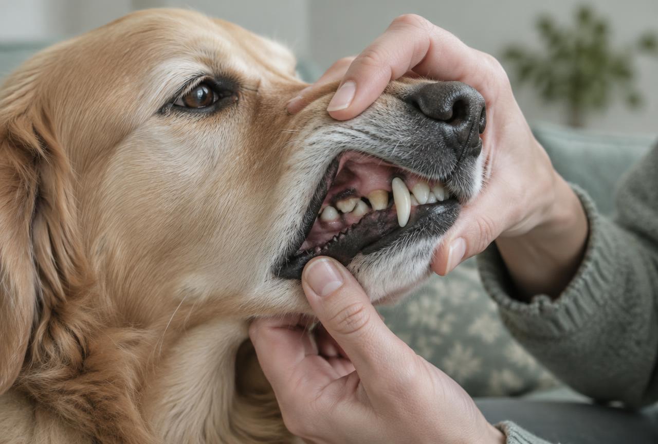Close-up of a dog's teeth with tartar near the gumline, lip gently lifted by its owner
