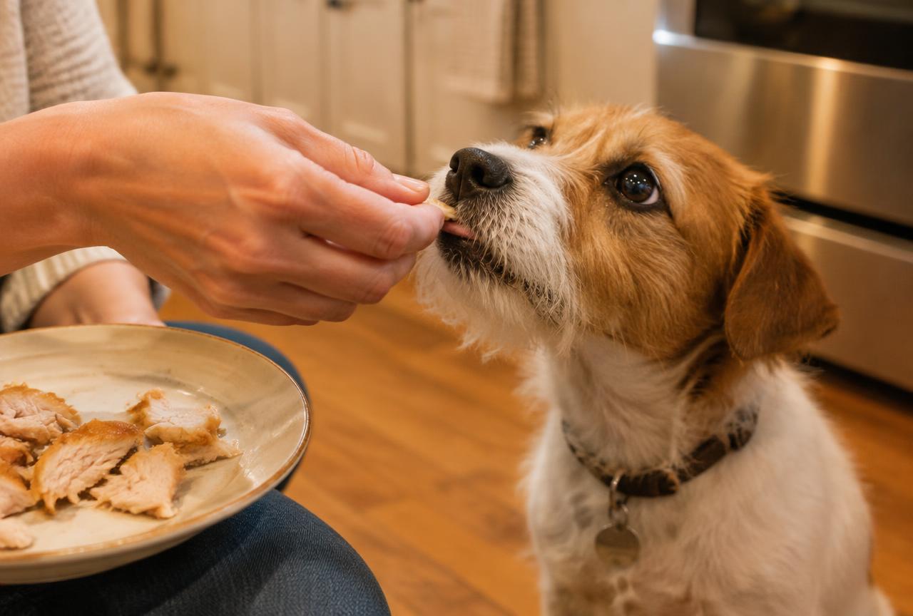 A person hand-feeding a small piece of cooked chicken to a small scruffy dog in a warm kitchen
