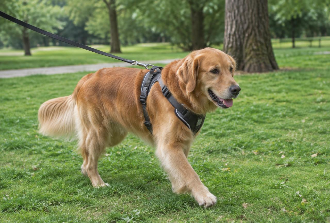 A dog walking calmly on a lead wearing a well-fitted harness in a green park