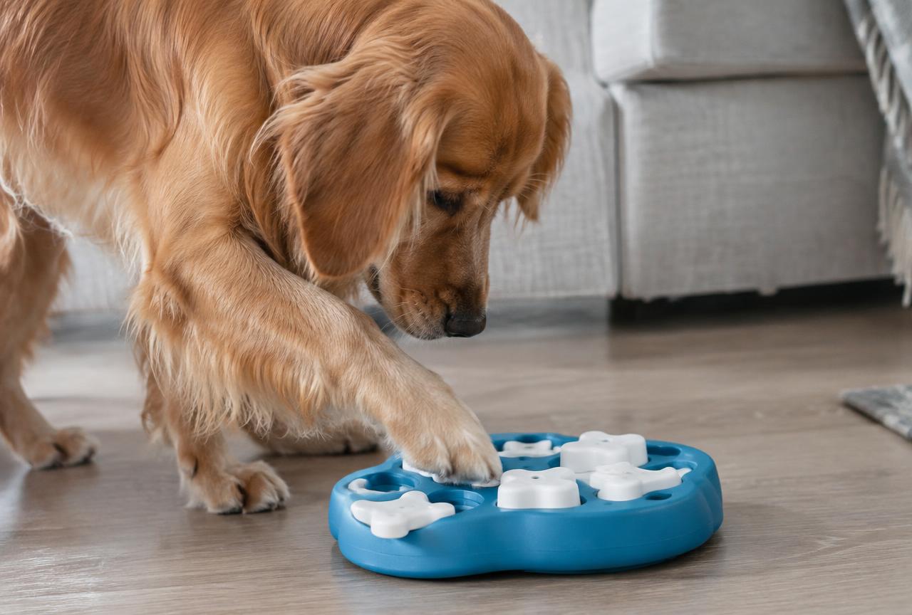 A dog focused on solving a puzzle feeder toy on the floor indoors