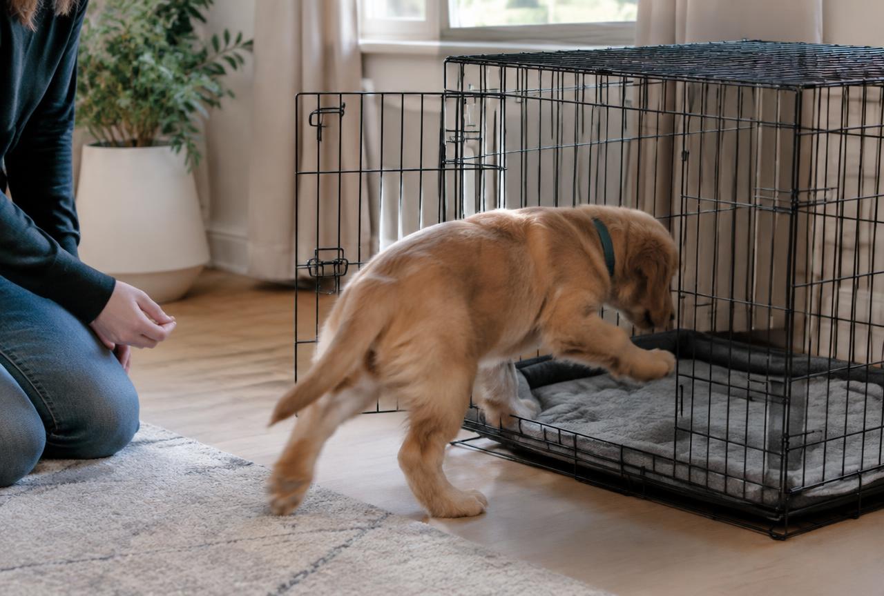 A puppy voluntarily walking into an open dog crate during a training session indoors