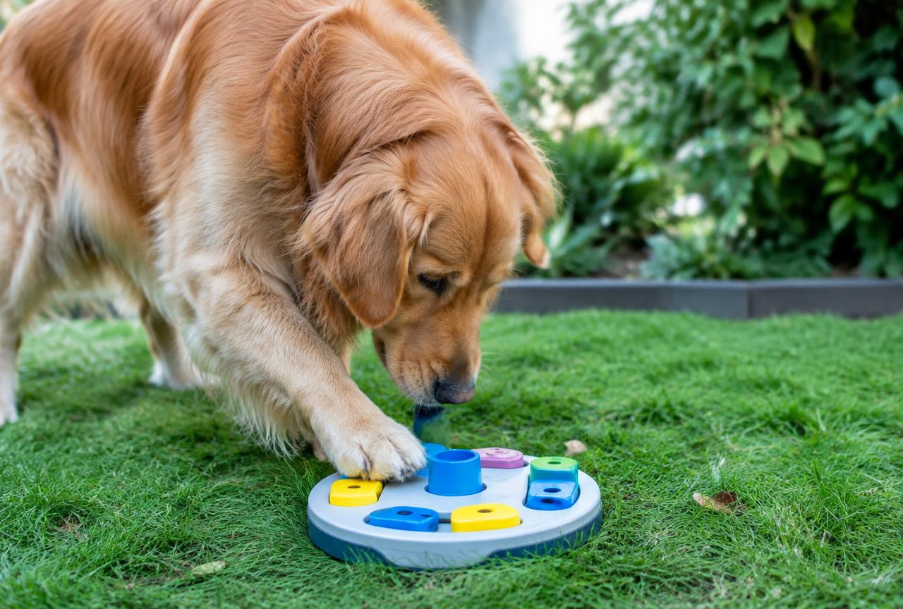 A dog engaged with a puzzle toy outdoors in a garden