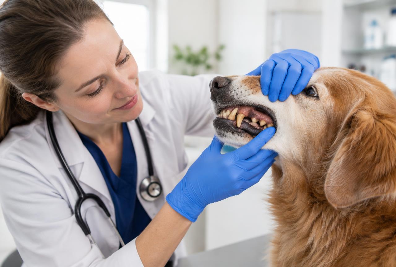 A veterinarian gently examining an older dog's mouth during a routine check-up in a clinic