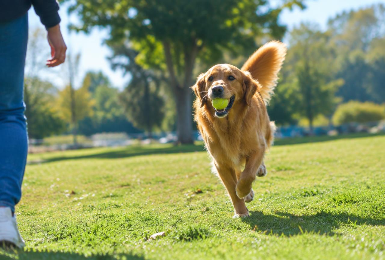 A person throwing a ball for a dog to fetch in a sunny park