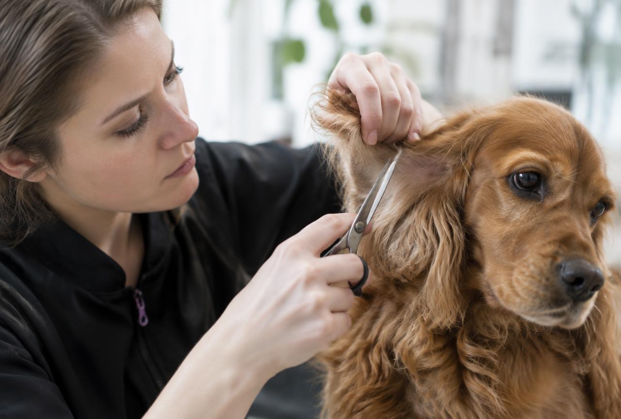 A groomer carefully trimming fur near a dog's ear canal