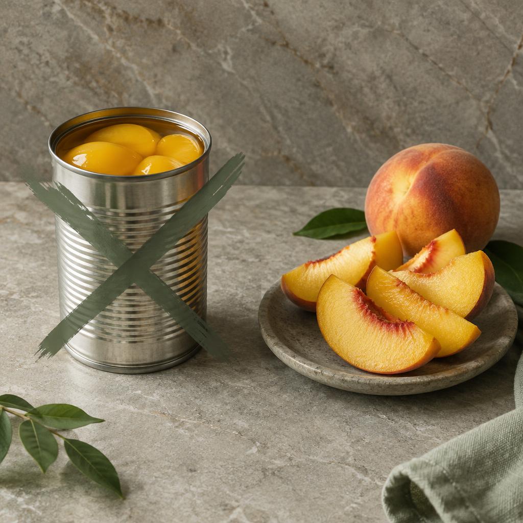 A tin of peaches in syrup beside fresh peach slices