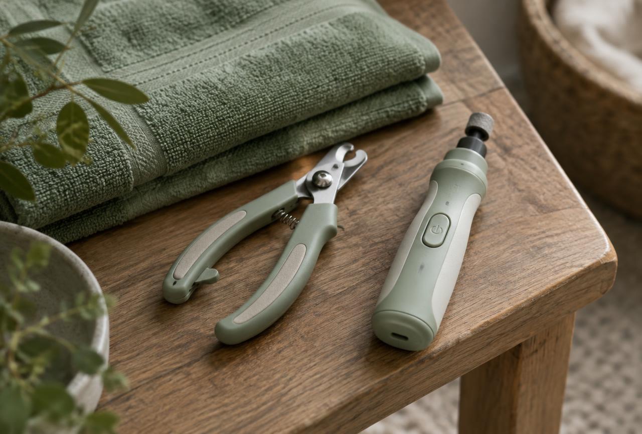 Nail clippers, a grinder and styptic powder laid on a towel beside a dog paw