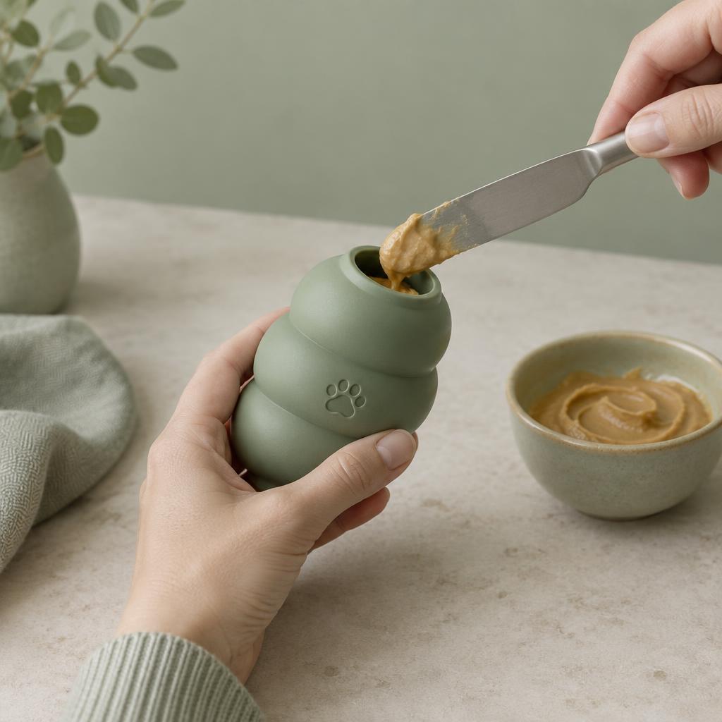 A rubber toy being filled with a small amount of peanut butter
