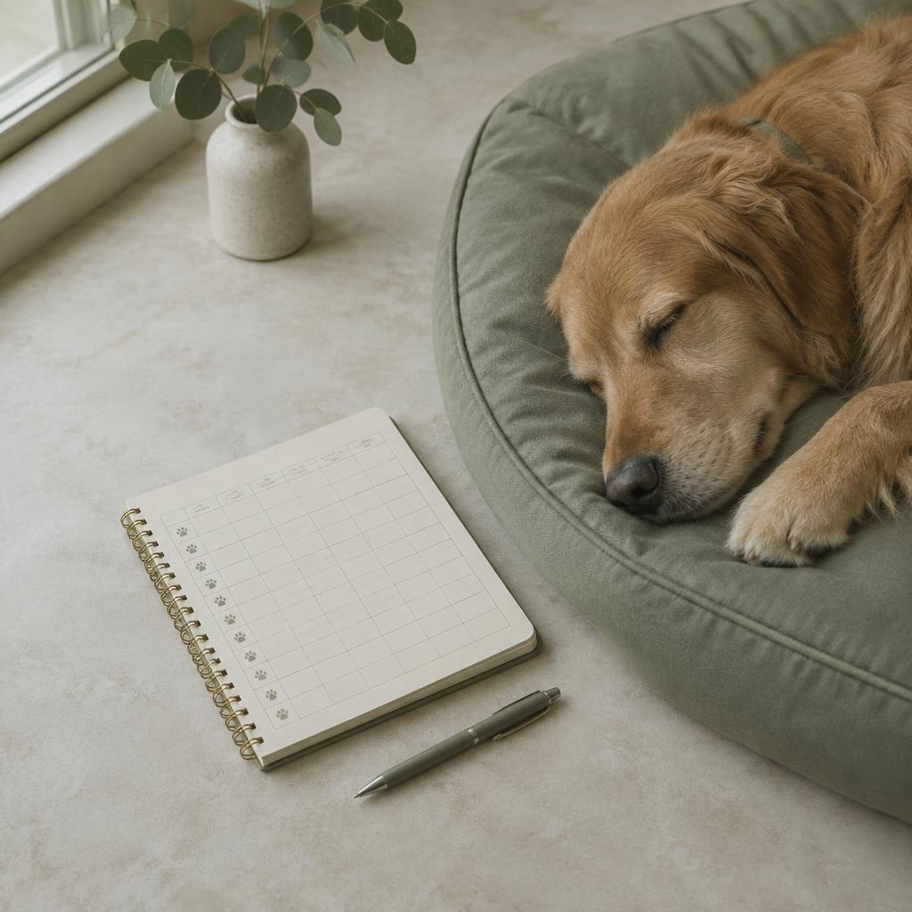 A weight tracking notebook beside a sleeping dog