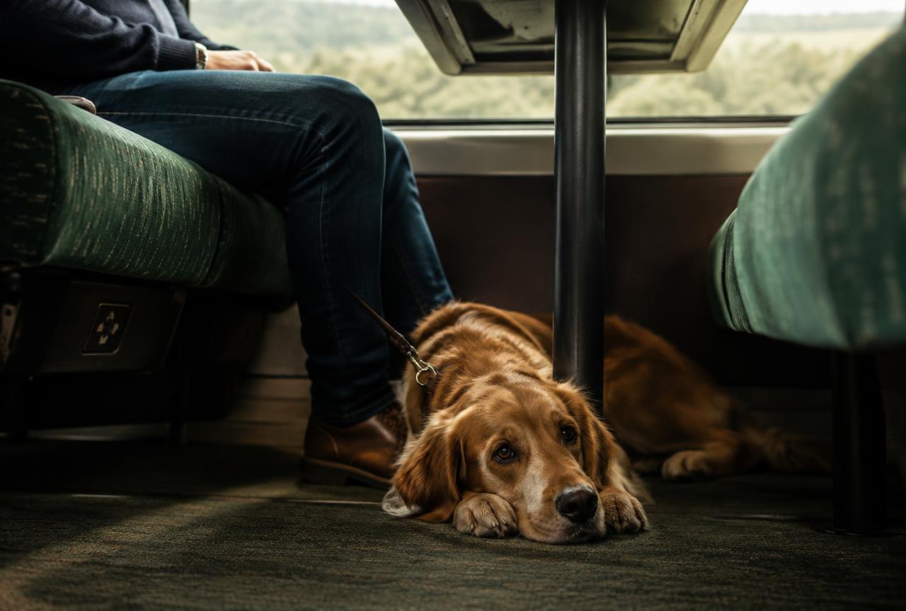 A dog settled under a table on a train