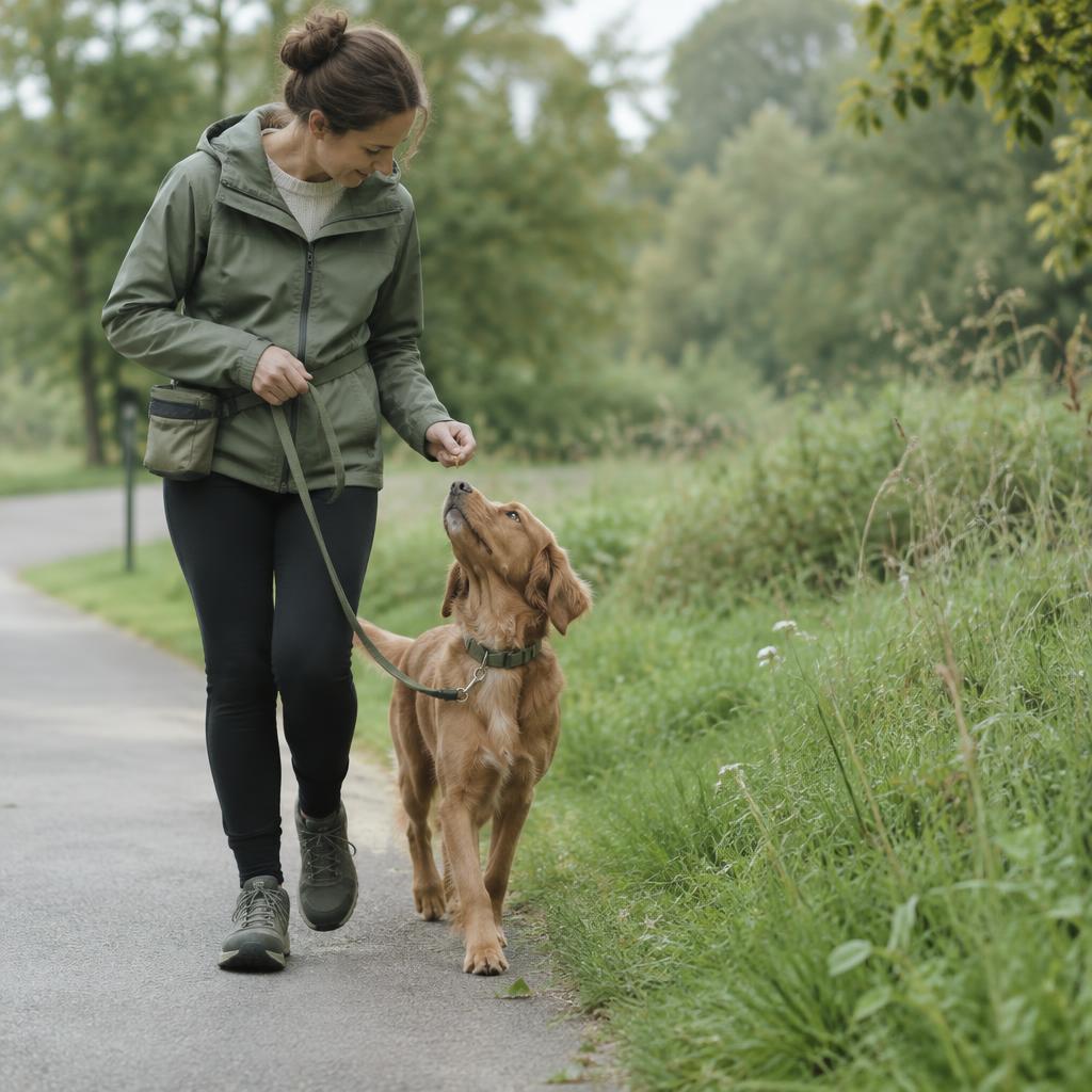A dog walking to heel on a lead past a grassy verge while the owner offers a treat