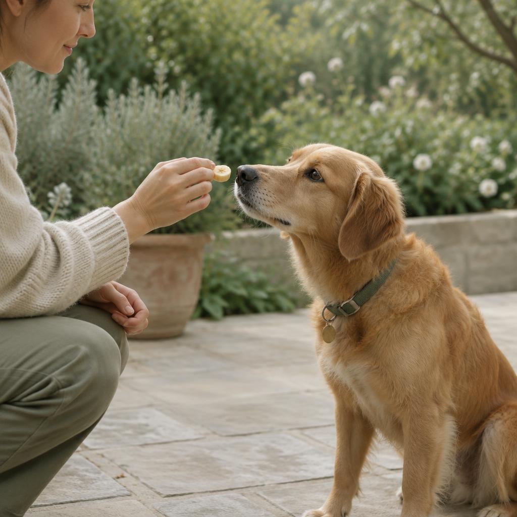 A person offering a small piece of banana to a dog outdoors