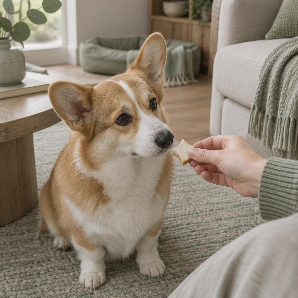 A corgi being offered a small piece of plain bread