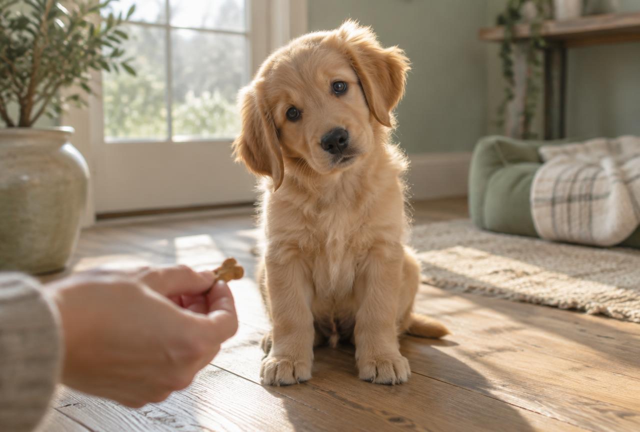 A golden retriever puppy with head tilted, looking at a treat held low in a human hand