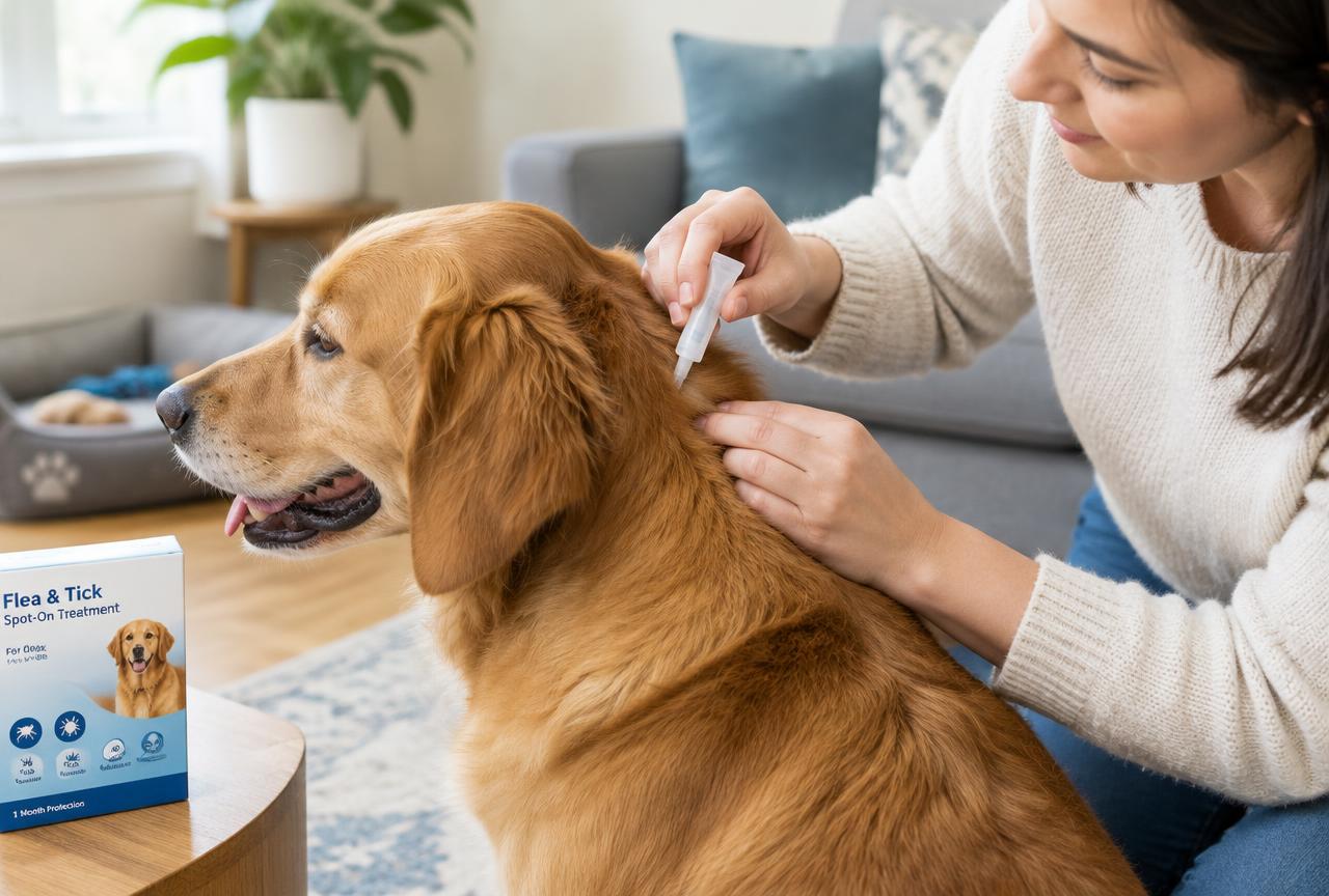 A person applying a spot-on flea treatment to the back of a calm golden retriever's neck