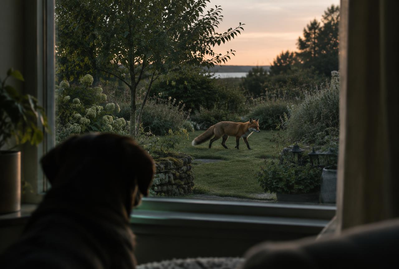 A fox crossing a garden at dusk, watched by a dog through a window