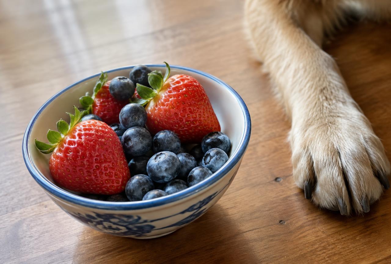 A dish of strawberries and blueberries on a wooden table beside a resting dog's paw