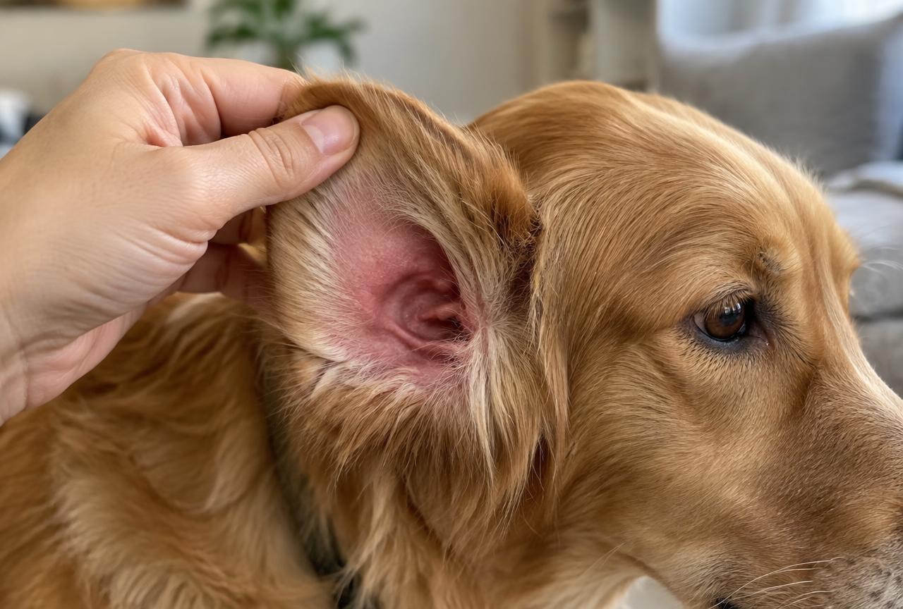 Close up of a hand lifting a dog's ear flap to check for redness