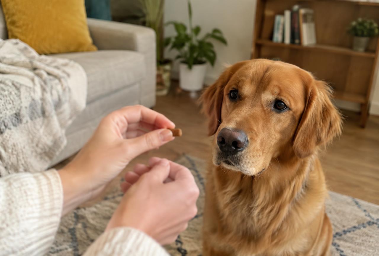 A person holding a treat to redirect a dog's focus during a training session in a living room