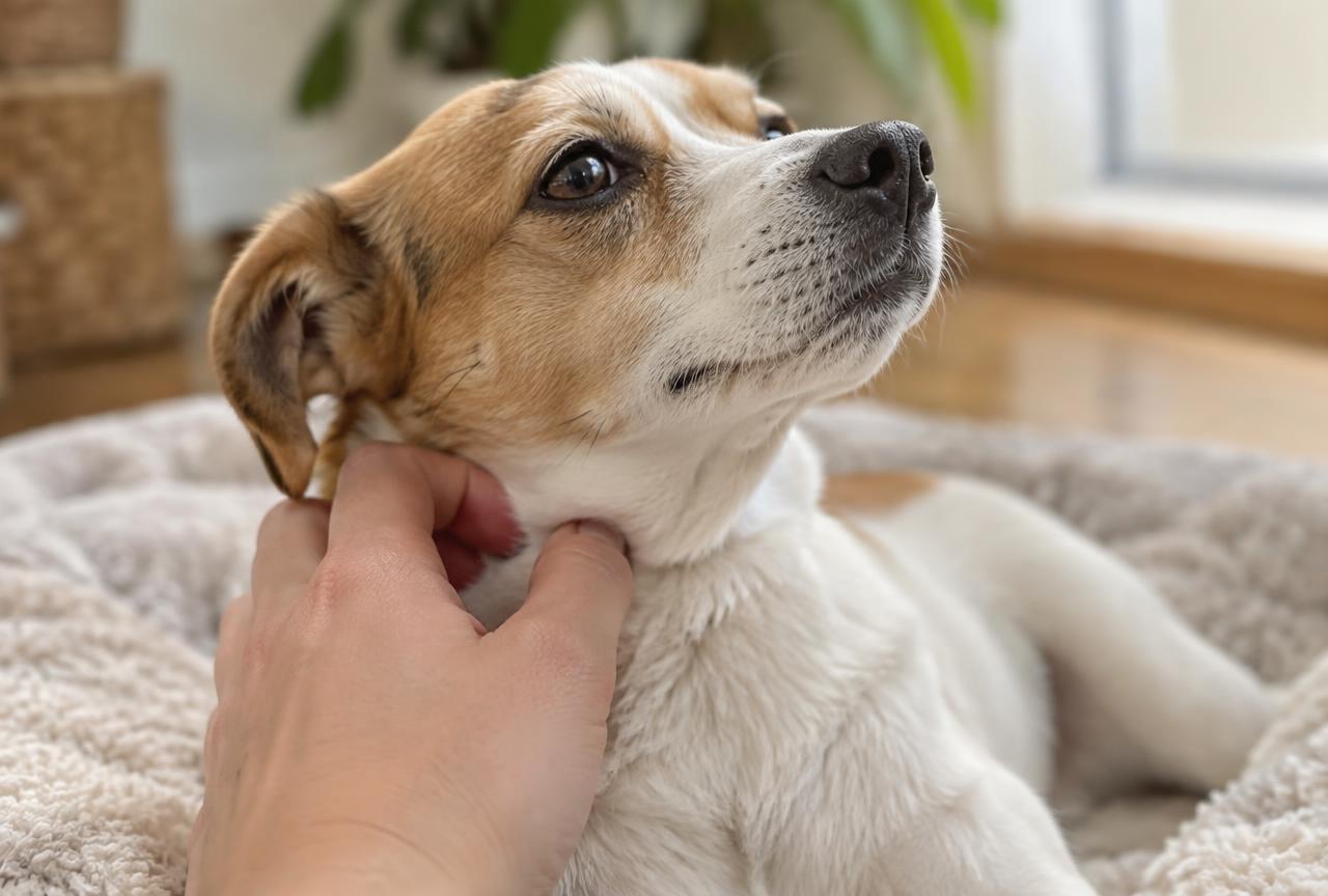 A hand gently stroking the throat of a small dog to help calm a reverse sneezing episode