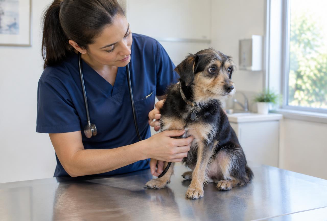 A veterinarian calmly checking a shaking dog during a clinical exam