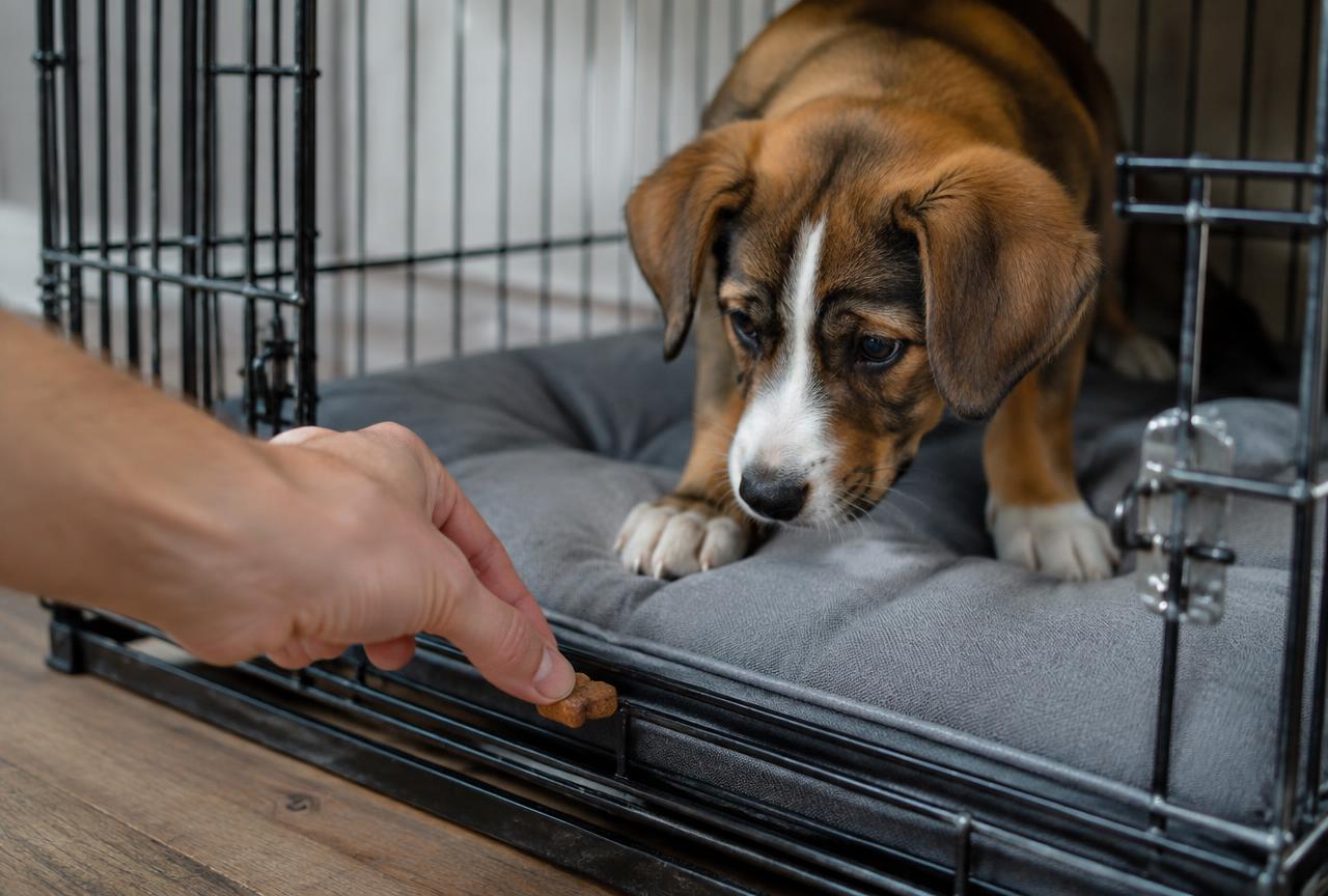 A hand placing a small treat just inside an open crate to encourage a puppy inside