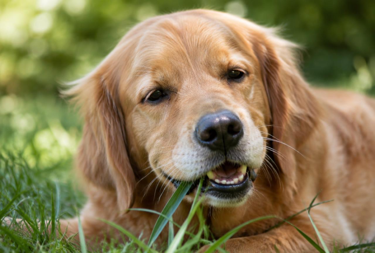 Close-up of a relaxed dog chewing a blade of grass outdoors