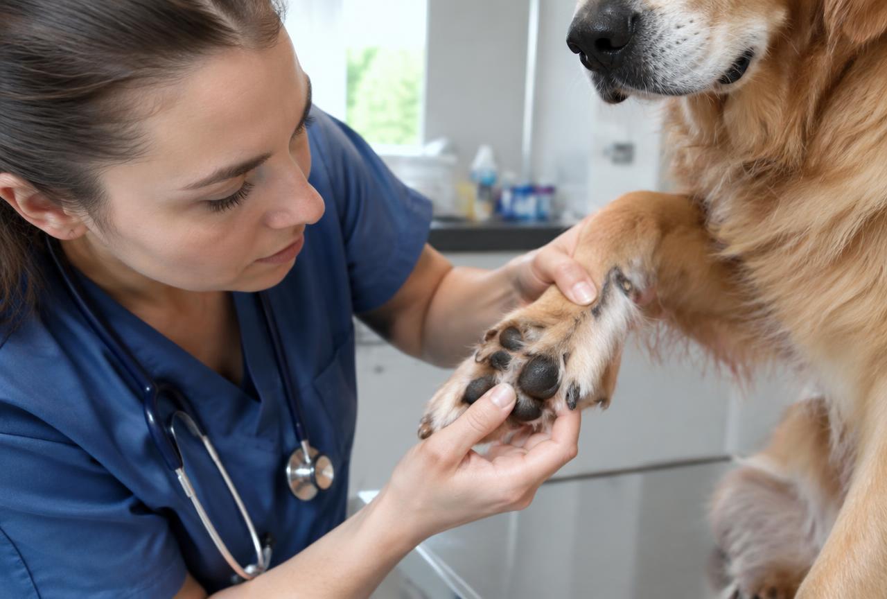 A veterinarian carefully examining between the toes of a dog's paw