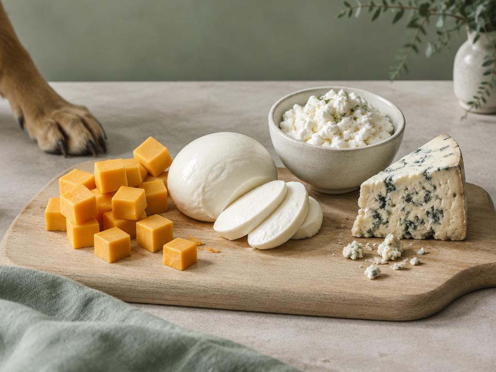 A wooden board with cheddar cubes, mozzarella, cottage cheese and a wedge of blue cheese set apart, a dog's paw at the edge of the frame
