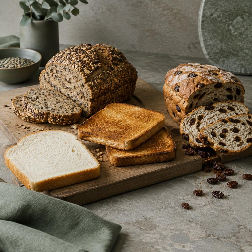 Different breads arranged on a wooden board on a stone worktop