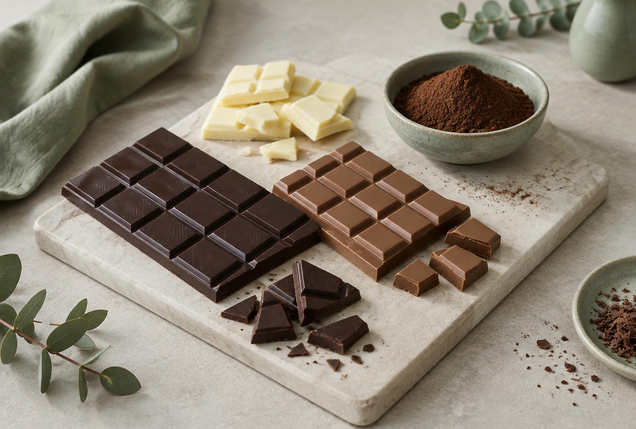 Dark chocolate, milk chocolate, white chocolate and cocoa powder arranged on a board