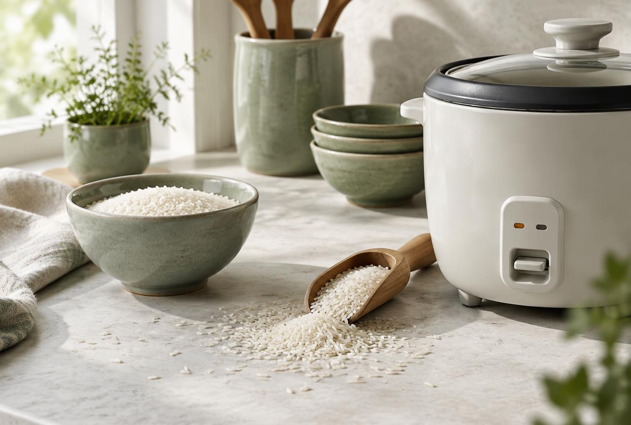 Uncooked rice grains beside a rice cooker and a wooden scoop