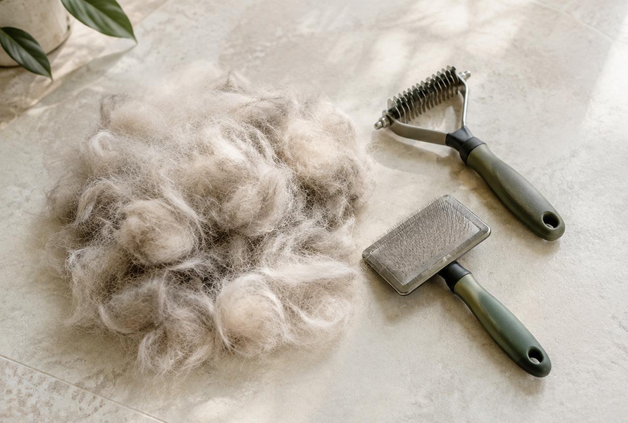 A pile of shed undercoat beside an undercoat rake and slicker brush