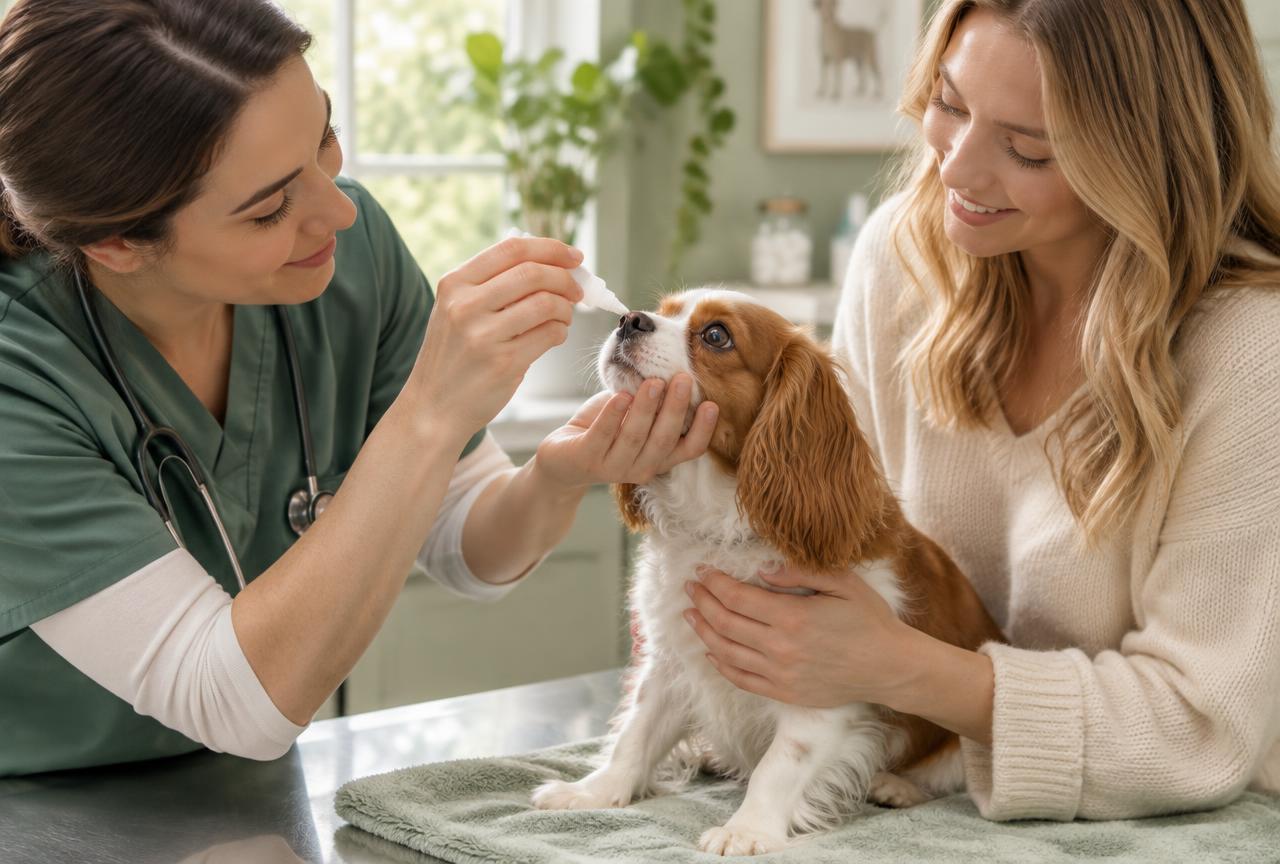 A vet applying a nasal vaccine to a calm small dog while the owner steadies it