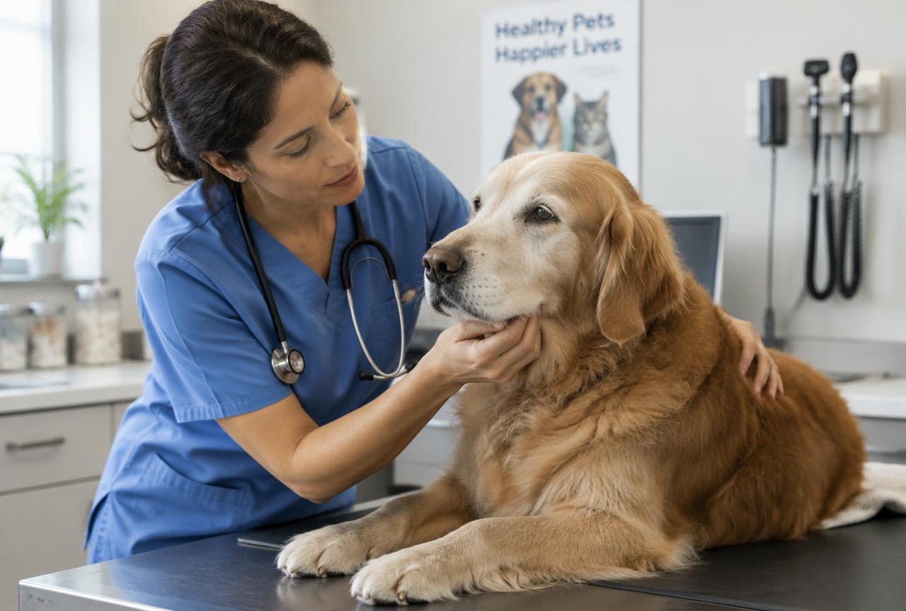 A vet gently examining a senior golden retriever on an examination table in a calm clinic