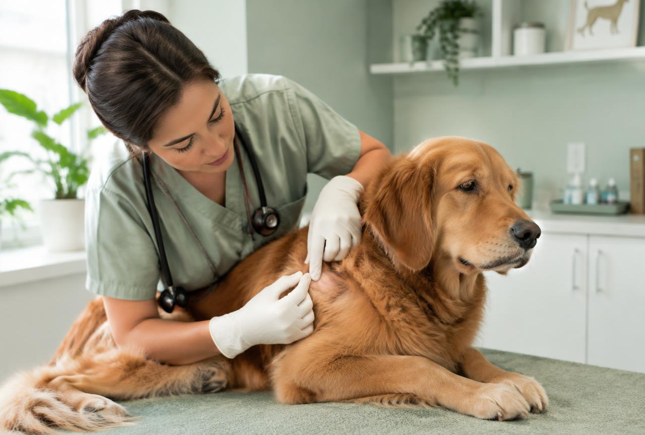 A vet gently examining a dog's skin with gloved hands in a bright clinic