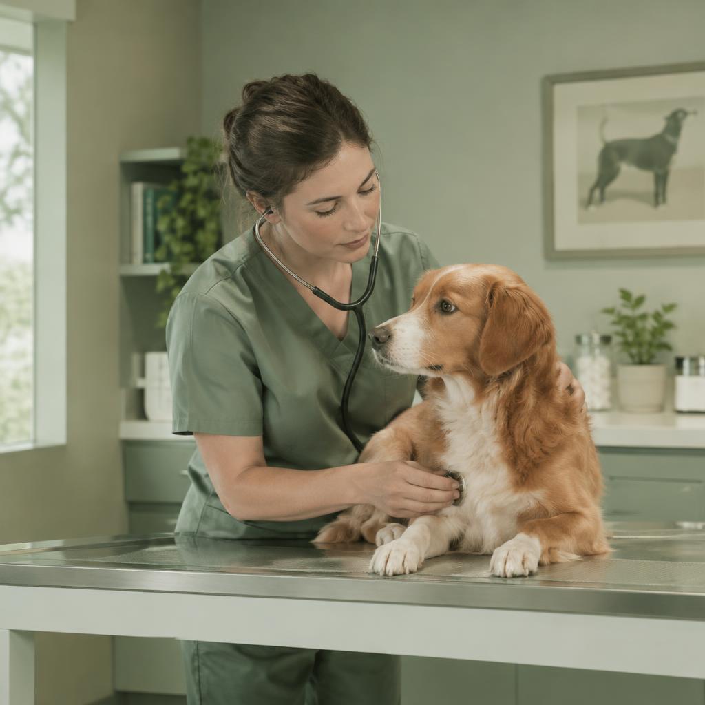 A vet examining a calm dog on an examination table