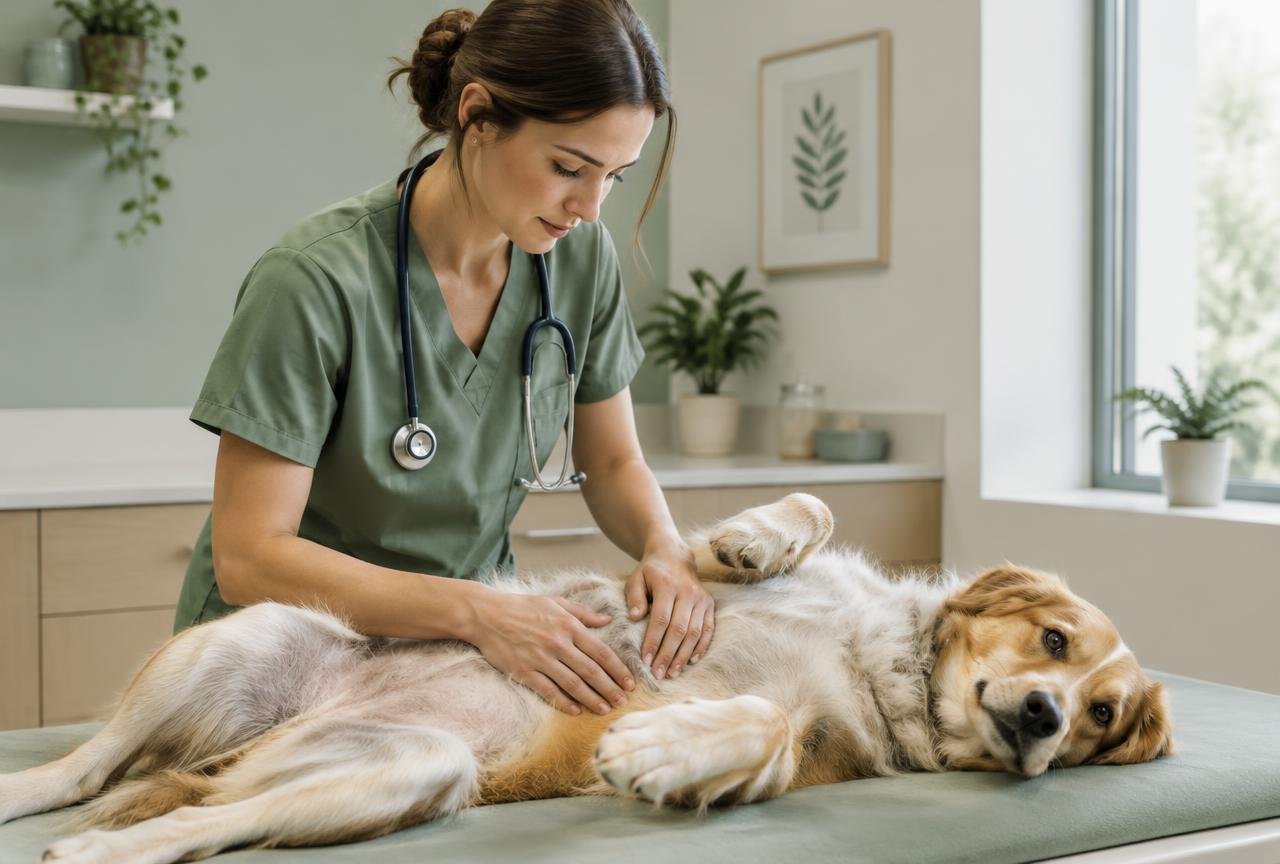 A vet in sage scrubs gently examining a dog's abdomen on a table