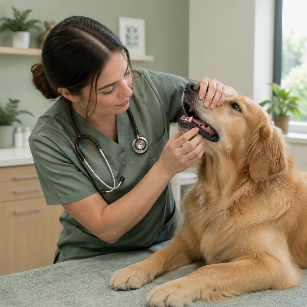 A vet checking a dog's mouth in a clinic
