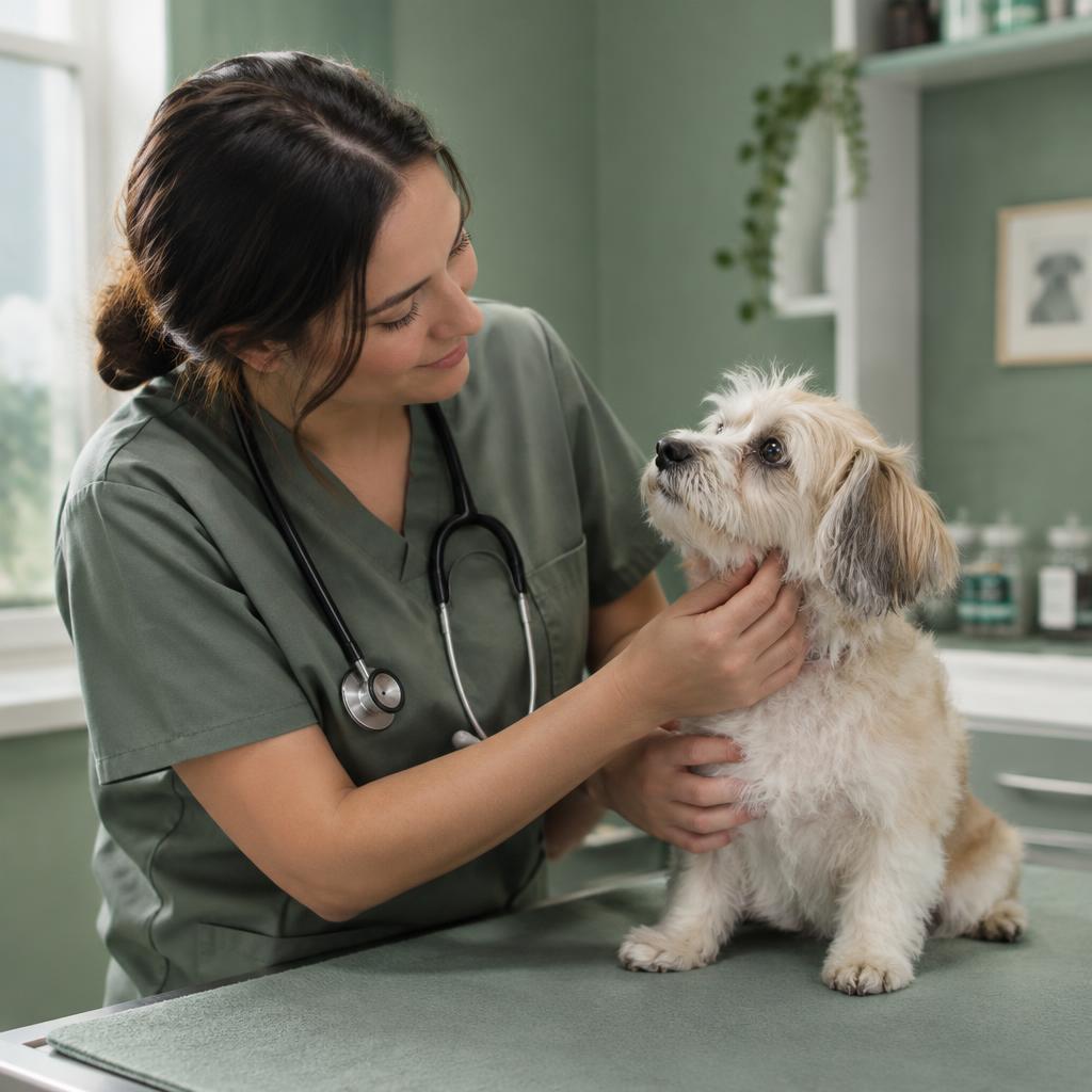A vet gently examining a small dog on a clinic table